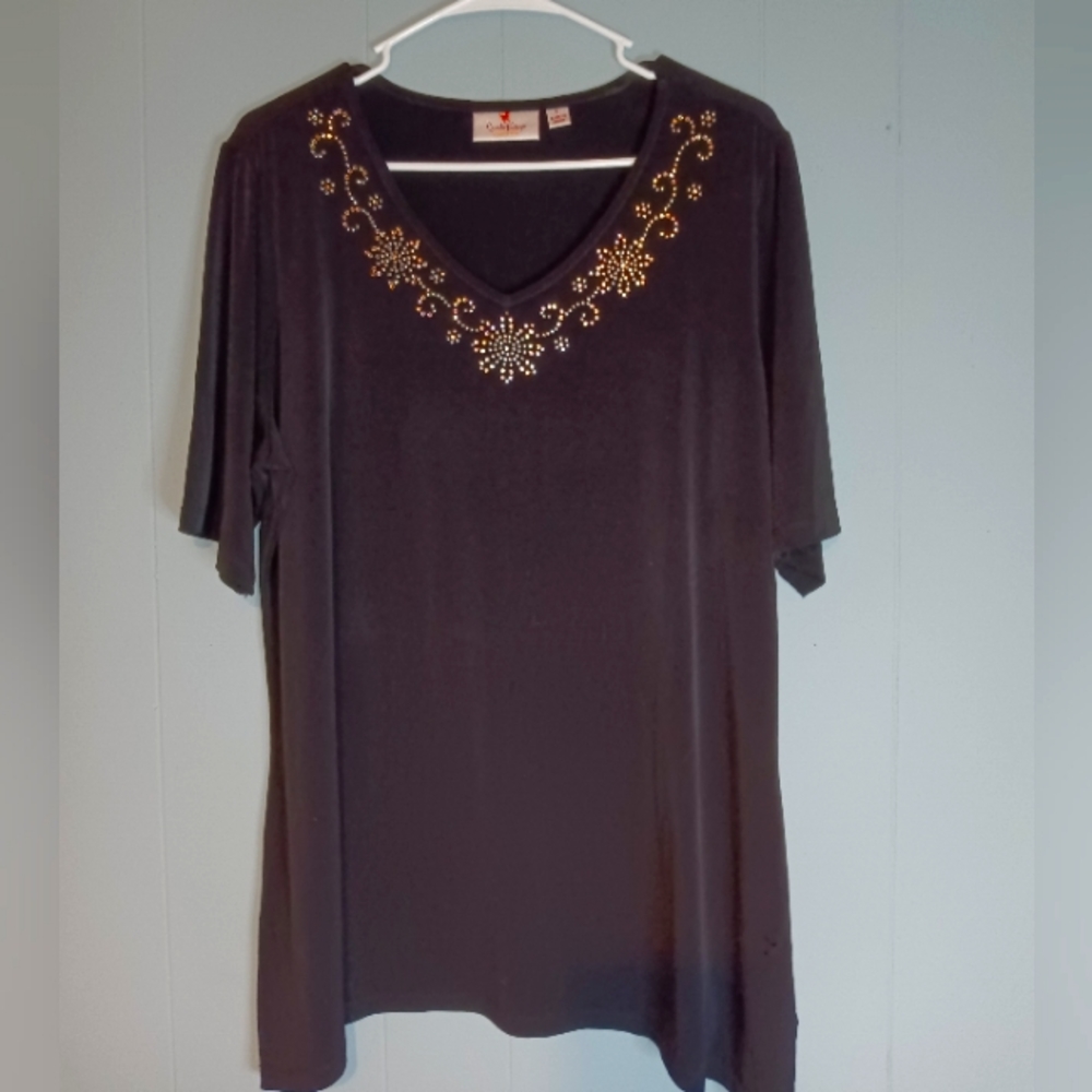 Qacker factory Crystal bellished black short sleeve shirt flowy size large tunic